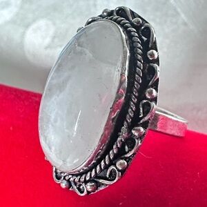 Hand Crafted Milky Quartz Stone Artisan Vintage-Inspired Silver Bezel Ring 8.5